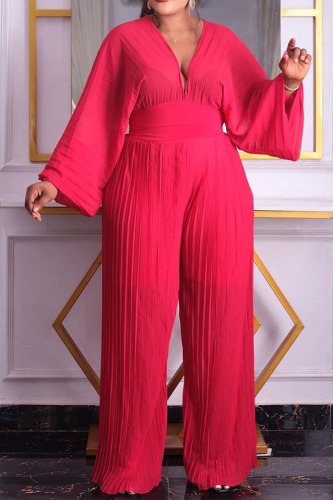 Red Casual Solid Patchwork Fold V Neck Plus Size Two Pieces