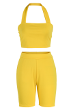 Yellow Casual Solid Patchwork Halter Sleeveless Two Pieces