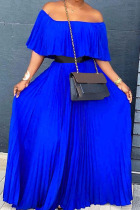 Blue Casual Elegant Solid Patchwork Fold Off the Shoulder Straight Dresses