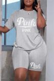 Pink Fashion Casual Letter Hot Drilling Patchwork O Neck Short Sleeve Plus Size Two Pieces