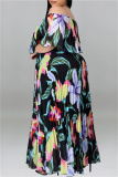 Black Yellow Fashion Casual Plus Size Print Patchwork Backless Off the Shoulder Long Dress