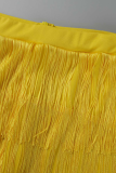 Yellow Fashion Solid Tassel Straight Mid Waist Straight Solid Color Bottoms