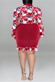 Red Fashion Casual Print Patchwork Turndown Collar Long Sleeve Dresses
