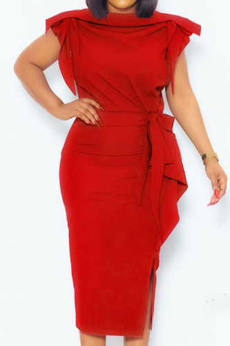 Red Casual Work Solid Patchwork Flounce Slit O Neck Dresses