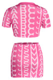 Pink Sexy Print Patchwork V Neck Short Sleeve Two Pieces