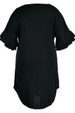Black Casual Print Patchwork Flounce O Neck Straight Plus Size Dresses
