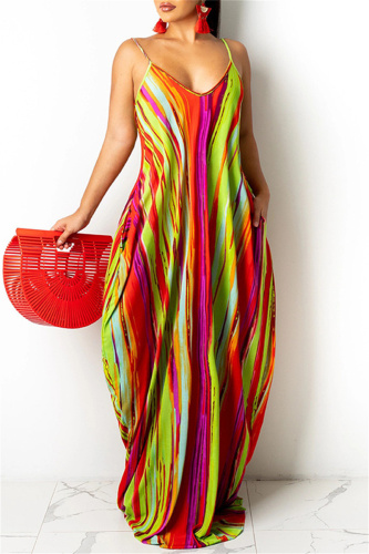 Red Fashion Sexy Print Backless Spaghetti Strap Long Dress