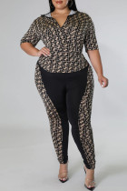 Black Fashion Casual Print Patchwork Zipper Collar Plus Size Two Pieces