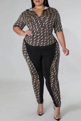 Black Fashion Casual Print Patchwork Zipper Collar Plus Size Two Pieces