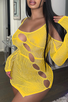 Yellow Fashion Sexy Solid Hollowed Out Backless Slit Off the Shoulder Long Sleeve Dresses