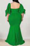 Green Fashion Sexy Plus Size Solid Backless Slit Square Collar Evening Dress