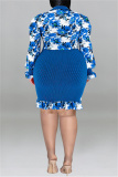Blue Fashion Casual Print Patchwork Turndown Collar Long Sleeve Dresses