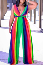 Red Green Fashion Casual Print Patchwork V Neck Regular Jumpsuits