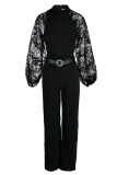 Black Elegant Solid Patchwork See-through O Neck Straight Jumpsuits(Contain The Belt)