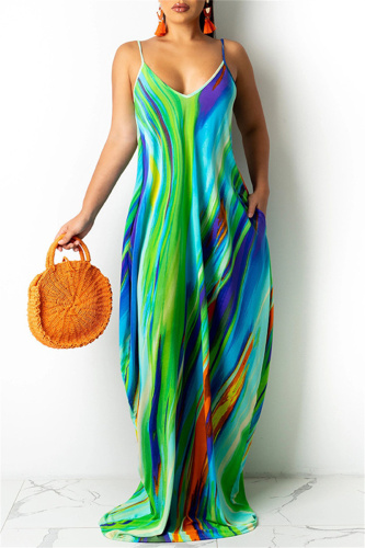 Green Fashion Sexy Print Backless Spaghetti Strap Long Dress