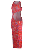 Red Sexy Print Hollowed Out Patchwork O Neck One Step Skirt Dresses
