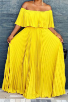 Yellow Casual Elegant Solid Patchwork Fold Off the Shoulder Straight Dresses