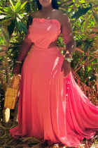 Pink Fashion Sexy Plus Size Solid Bandage Patchwork Backless Halter Sling Dress
