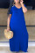 Blue Casual Pockets Design Blending Floor Length Dress