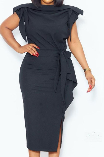 Black Casual Work Solid Patchwork Flounce Slit O Neck Dresses