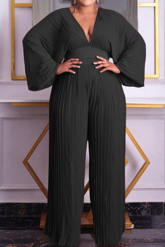 Black Casual Solid Patchwork Fold V Neck Plus Size Two Pieces