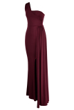 Red Fashion Sexy Solid Patchwork Backless Slit One Shoulder Evening Dress
