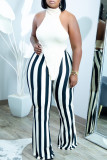 White Fashion Sexy Striped Print Backless Asymmetrical Half A Turtleneck Plus Size Two Pieces