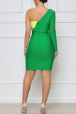 Green Sexy Solid Hollowed Out Patchwork Asymmetrical Asymmetrical Collar One Step Skirt Dresses