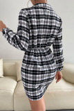 Black White Casual Print Bandage Patchwork Buttons Turndown Collar One Step Skirt Dresses