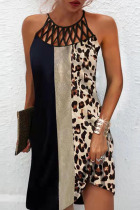 Leopard Print Casual Print Hollowed Out Patchwork O Neck A Line Dresses