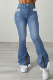 Baby Blue Fashion Casual Solid Patchwork Slit High Waist Regular Denim Jeans