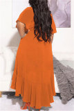 Orange Fashion Casual Solid Bandage Flounce V Neck Irregular Dress Plus Size Dresses