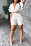 White Casual Solid Patchwork Flounce V Neck Short Sleeve Two Pieces
