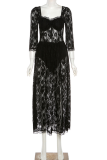 Black Sexy Elegant Solid Lace Hollowed Out See-through Square Collar Dresses