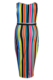 Colour Fashion Casual Plus Size Striped Print Basic O Neck Vest Dress