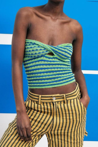Turquoise Sexy Hollowed Out Patchwork Strapless Tops