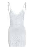 White Fashion Sexy Patchwork See-through Backless Beading V Neck Sling Dress Dresses