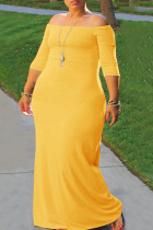 Yellow Fashion Casual Plus Size Solid Backless Off the Shoulder Long Dress