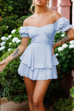 Light Blue Casual Solid Flounce Off the Shoulder Straight Rompers