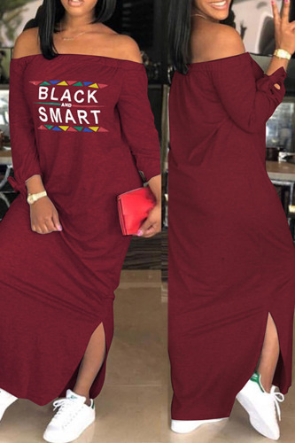 Wine Red Fashion Casual Print Off the Shoulder One Step Skirt Dresses