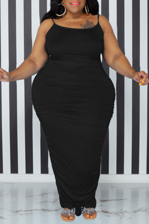 Black Sexy Solid Patchwork Spaghetti Strap One Step Skirt Plus Size Dresses