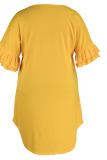 Yellow Casual Print Patchwork Flounce O Neck Straight Plus Size Dresses