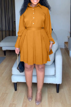 Yellow Casual Solid Patchwork Buckle Fold Turndown Collar Shirt Dress Dresses(Contain The Belt)
