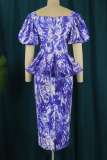 Blue Elegant Print Patchwork Flounce Asymmetrical V Neck One Step Skirt Dresses