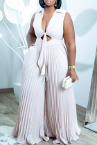 Light Gray Fashion Sexy Solid Bandage Hollowed Out Turndown Collar Plus Size Jumpsuits