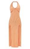 Orange Sexy Striped Metal Accessories Decoration High Opening Halter Straight Dresses