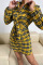 Yellow Casual Print Bandage Patchwork Buttons Turndown Collar One Step Skirt Dresses