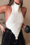 Cream White Sexy Solid Patchwork Backless Asymmetrical Turtleneck Tops