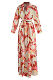 Yellow Fashion Casual Print Bandage Slit V Neck Long Sleeve Dresses