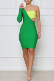 Green Sexy Solid Hollowed Out Patchwork Asymmetrical Asymmetrical Collar One Step Skirt Dresses